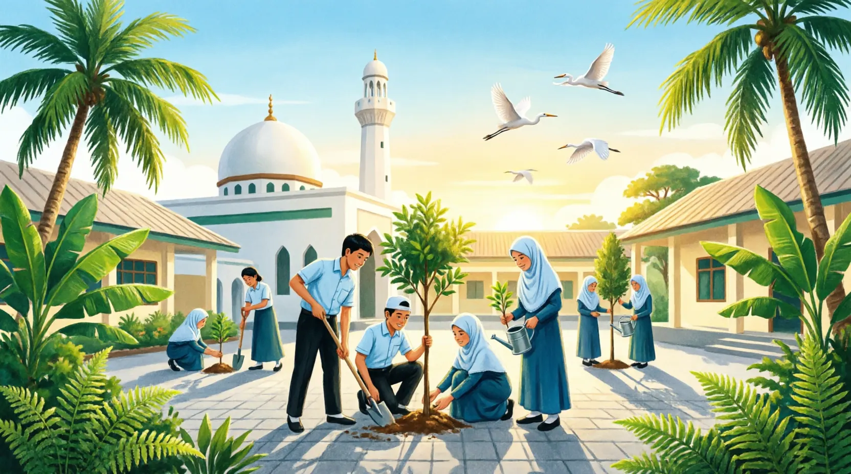 Ilustrasi aksi menanam pohon di madrasah